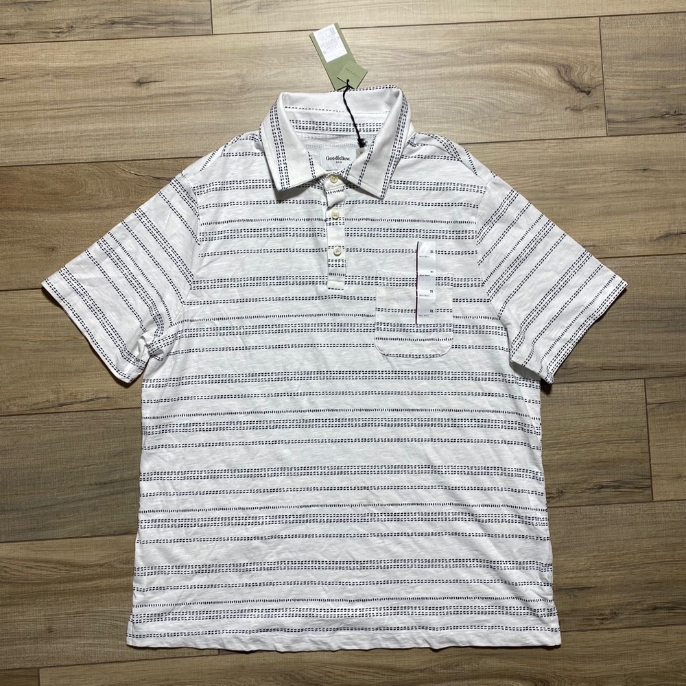 Goodfellow & Co Mens Short‎ Sleeve Striped Polo Shirt Size XL White Navy Blue